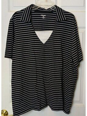 Liz & Me Womens 2X Black & White Striped Polo Shirt Cotton 22/24 Relaxed Fit #D-
